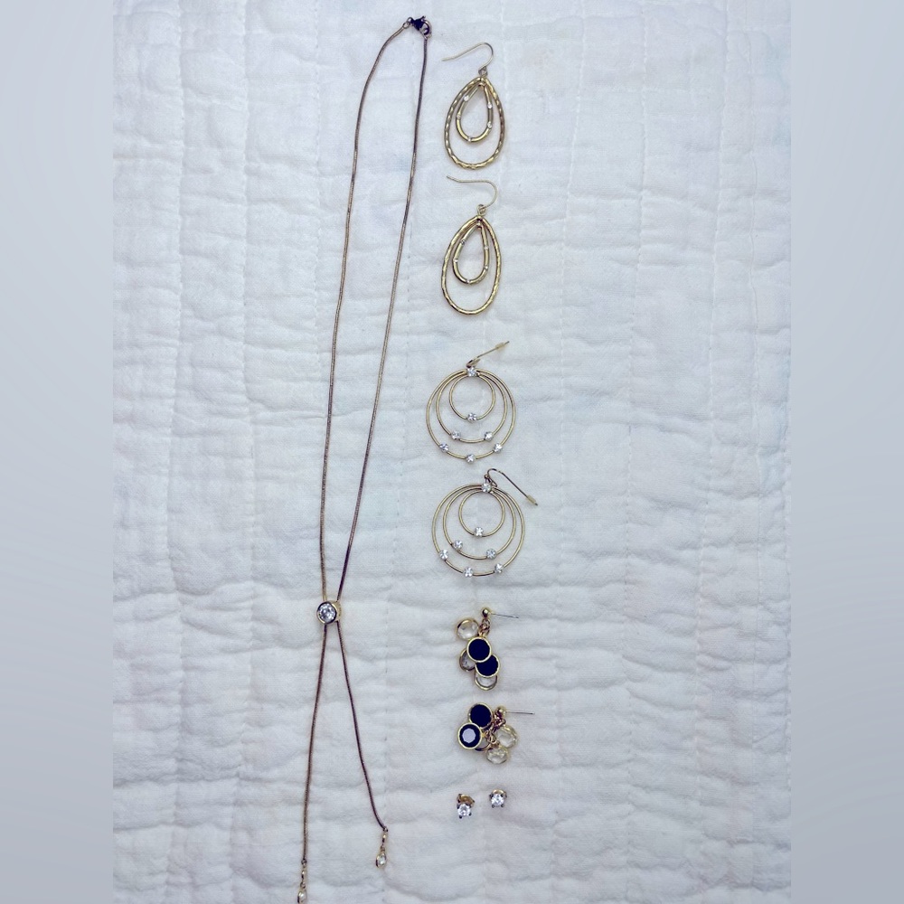 1 gold necklace w/ diamond accent & 4 sets of earrings (Vintage)